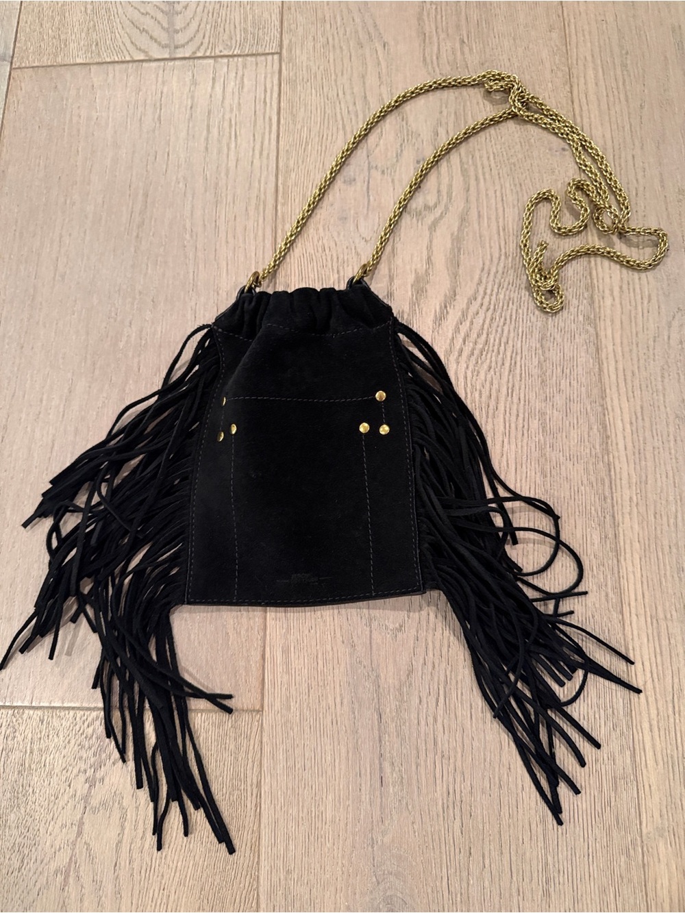 Jerome Dreyfuss Black Suede Fringe Crossbody Bag with Gold Chain